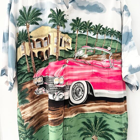 Tori Richards Vintage Hawaii Front Back Graphic Pink Cadillac Convertible Shirt - Picture 5 of 11